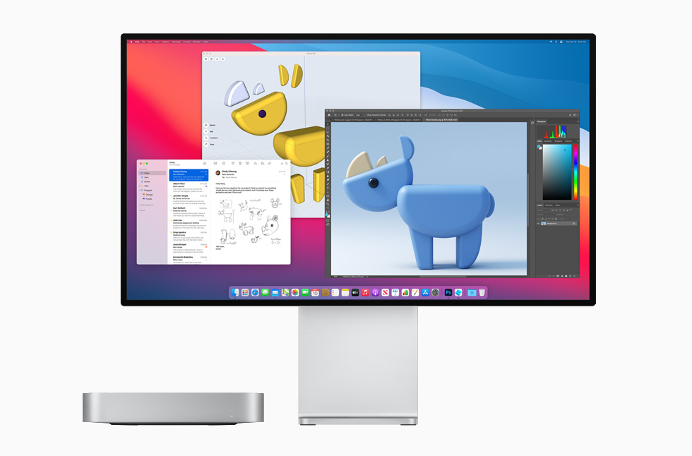 Gümü? rengi Mac mini ve Pro Display XDR. 