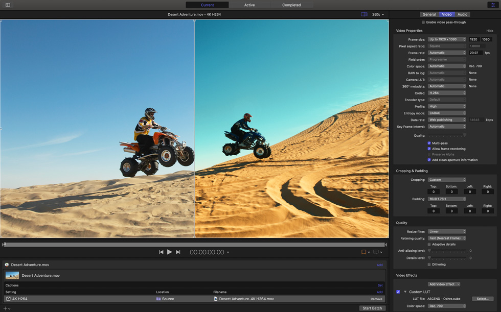 Final Cut Pro’da Compressor Penceresi. 