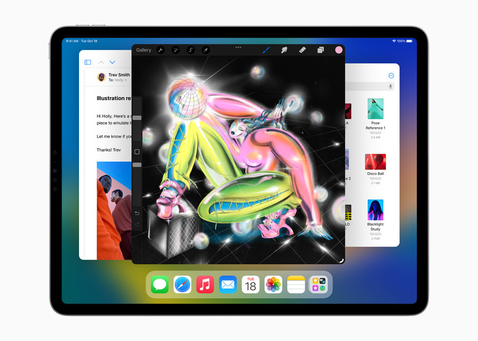 Yeni 12.9?in? iPad?Pro’da iPadOS?16’daki Procreate ve Mail uygulamalar?nda kullan?lan Ekran Büyütme ?zelli?i g?steriliyor.