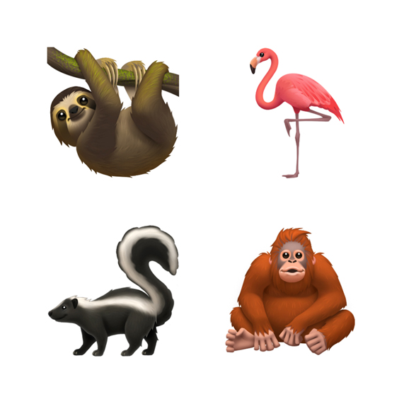 Tembel hayvan, flamingo, kokarca ve orangutan emoji’leri.