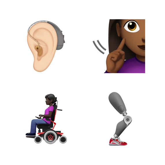 ??itme cihaz?, protez bacak ve di?er engel temal? emoji’ler.