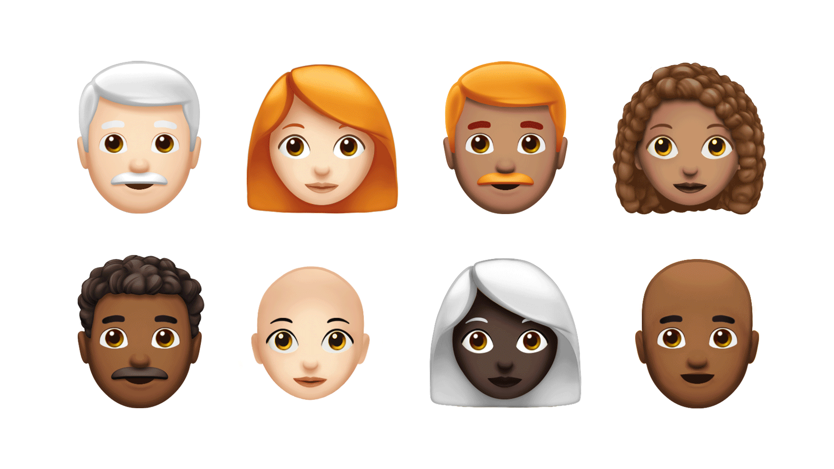 K?r sa?l?, k?z?l sa?l? ve k?v?rc?k sa?l? dahil, yeni emoji tasar?mlar?n? g?steren iki sat?r.