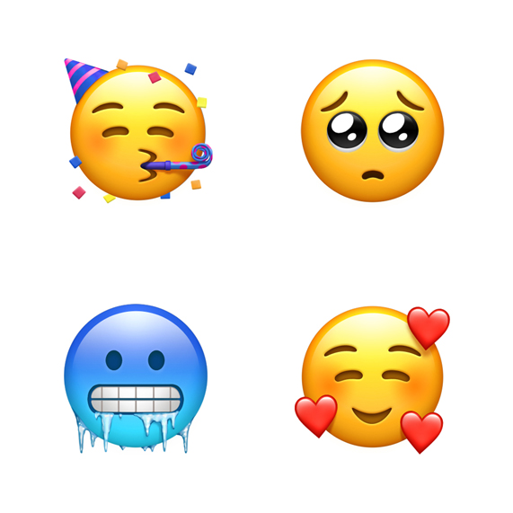 Sol üstten itibaren saat y?nünde d?rt emoji: parti yüzü, yalvaran yüz, kalpli yüz ve so?uk yüz.