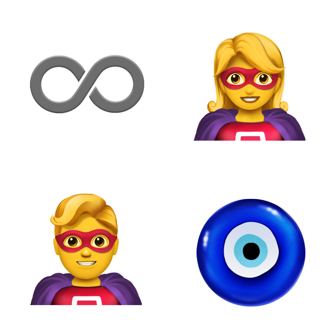 Sol üstten itibaren saat y?nünde d?rt emoji: sonsuzluk i?areti, kad?n süper kahraman, nazar boncu?u ve erkek süper kahraman.