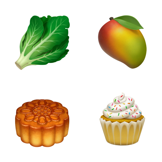 Sol üstten itibaren saat y?nünde d?rt emoji: marul, mango, top kek ve ay pastas?.