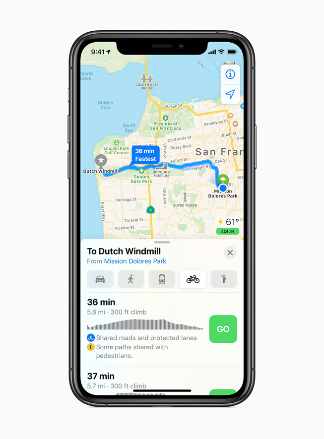 iPhone 11 Pro’daki iOS 14’te bisiklet i?in yol tarifleri g?steriliyor.