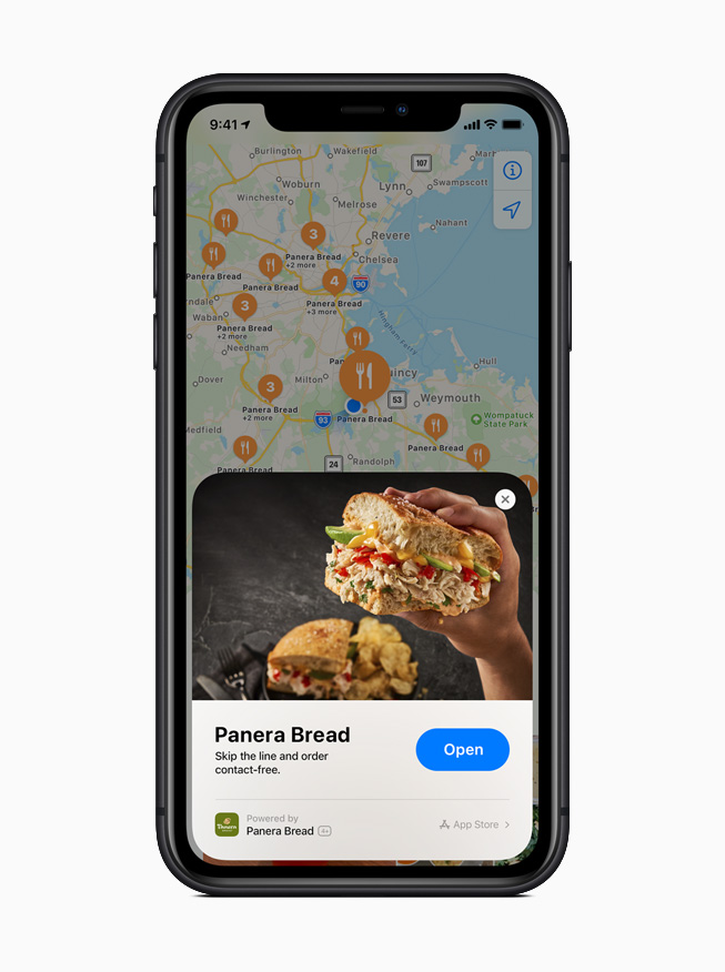 iPhone 11 Pro’da Harita uygulamas?nda Panera Bread f?r?n? i?in bir App Clip.