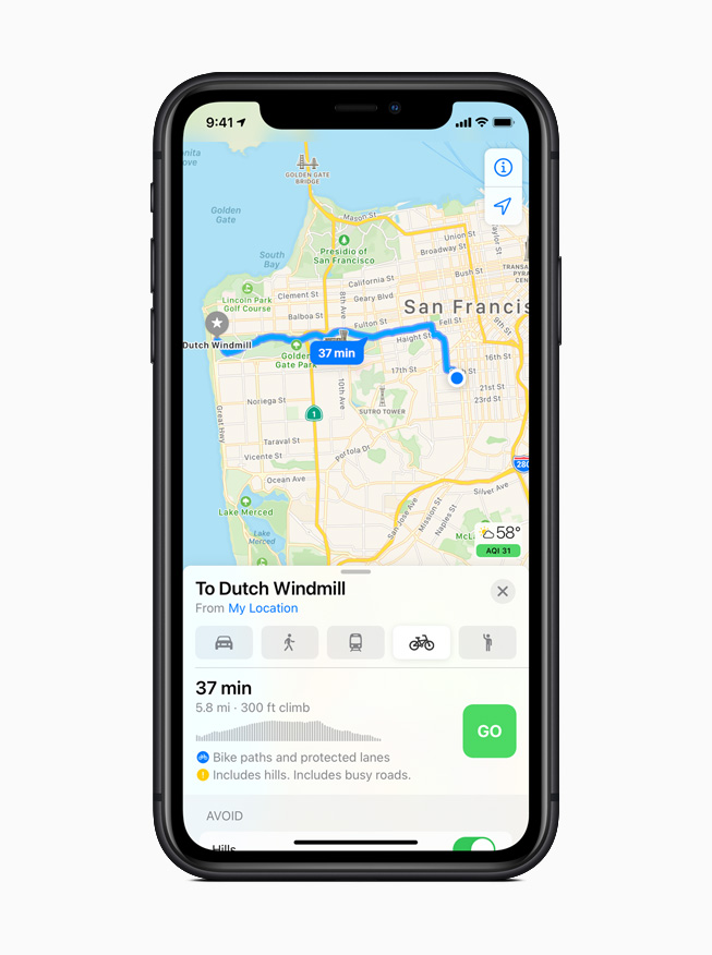 iOS 14’te Harita uygulamas?nda bir bisiklet yolu.