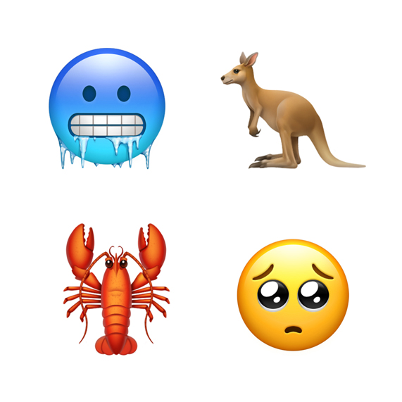 ü?üyen yüz, kanguru, ?stakoz ve yalvaran yüz emojileri.