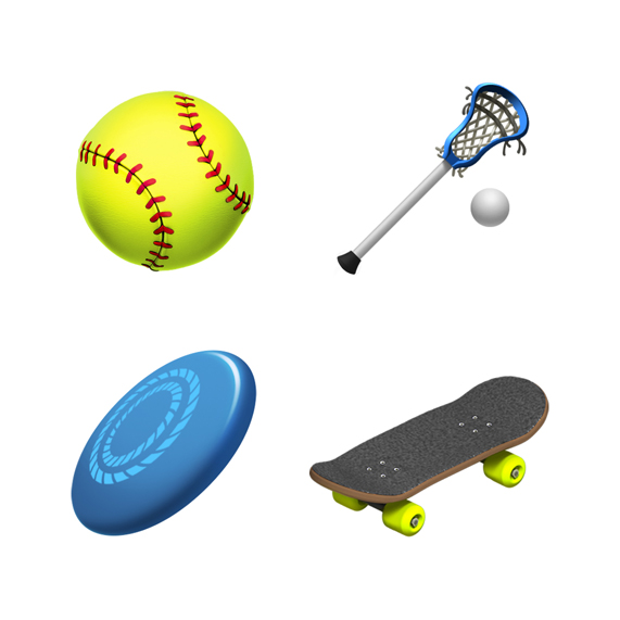 Softball topu, lacrosse topu, frizbi ve kaykay emojileri.