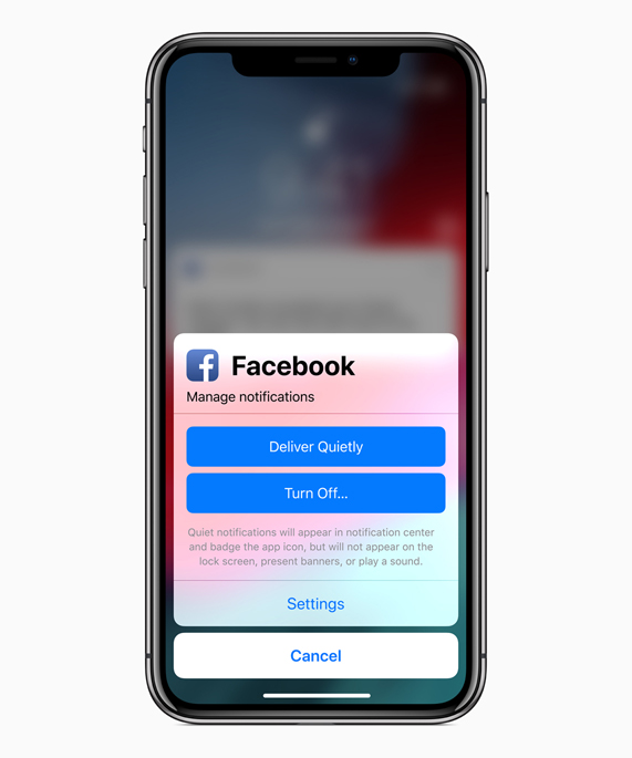 iPhone X ekran?, Facebook bildirimleri y?netme se?eneklerini g?steriyor.