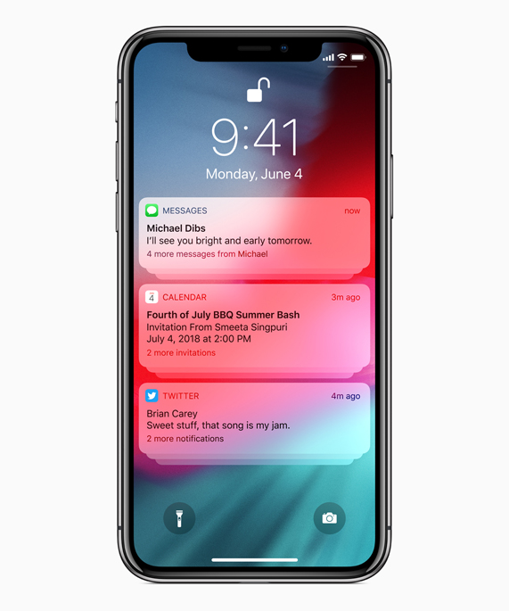iPhone X ekran?, Mesajlar, Takvim ve Twitter uygulamalar?ndan bildirimler g?steriyor.