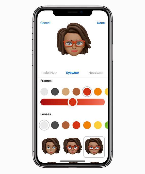 Bir Memoji i?in farkl? g?zlük se?eneklerini g?steren iPhone X.