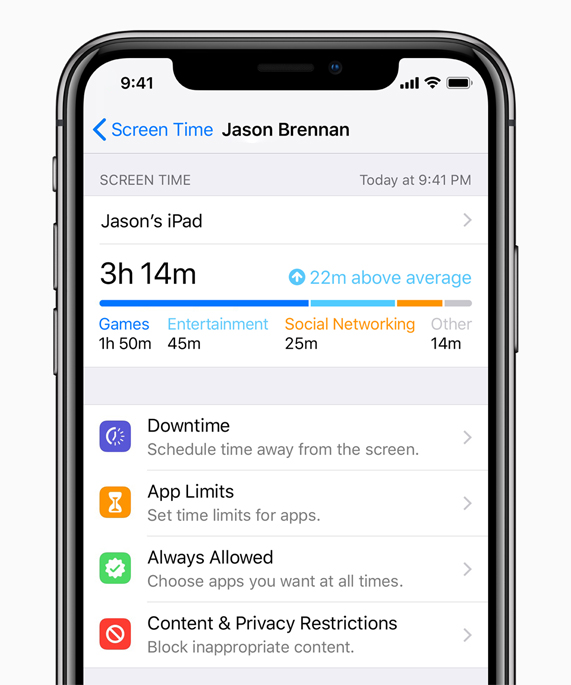 iPhone X, Jason’?n iPad’ine ait, Oyun, E?lence ve Sosyal A? Kullan?m? ama?l? ge?irilen zaman?n yan? s?ra Downtime, App Limits, Her Zaman ?zin Verilen, ??erik ve Gizlilik S?n?rlamalar? i?in menü ba?lant?lar?n? g?steriyor.