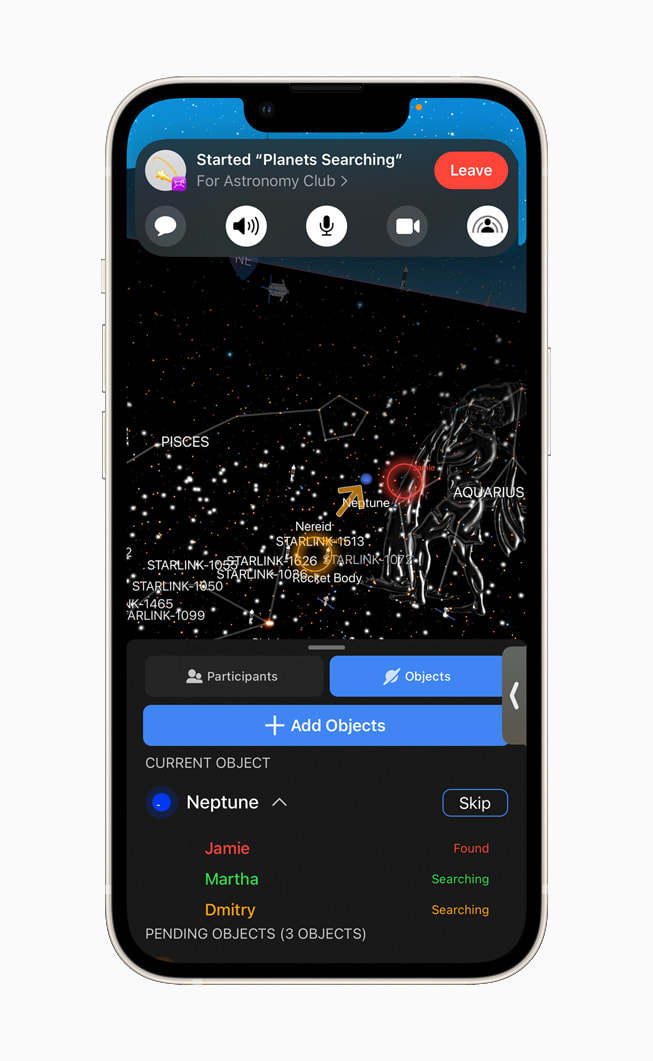 iPhone 13’te Night Sky uygulamas?nda SharePlay deneyimi g?steriliyor.