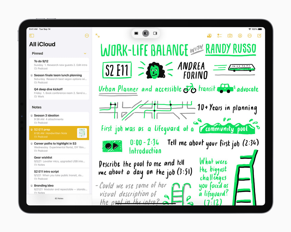 Yeni iPad’de Notlar uygulamas?nda multitasking menü ?ubu?u g?rüntüleniyor. 