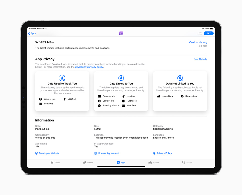 iPad Pro’daki App Store’da gizlilik bilgileri g?steriliyor.