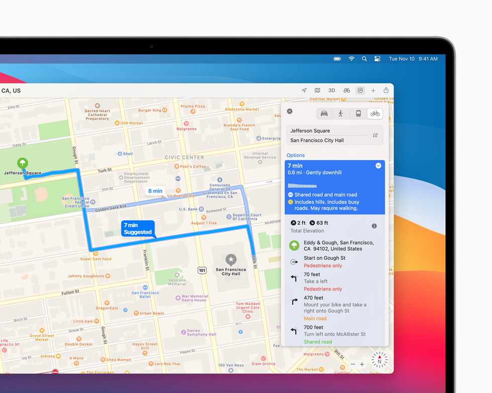 MacBook Pro’daki Harita uygulamas?nda San Francisco ?ehri i?in rotas? ?izilmi? ve planlanm?? bir bisiklet gezisi g?rüntüleniyor.