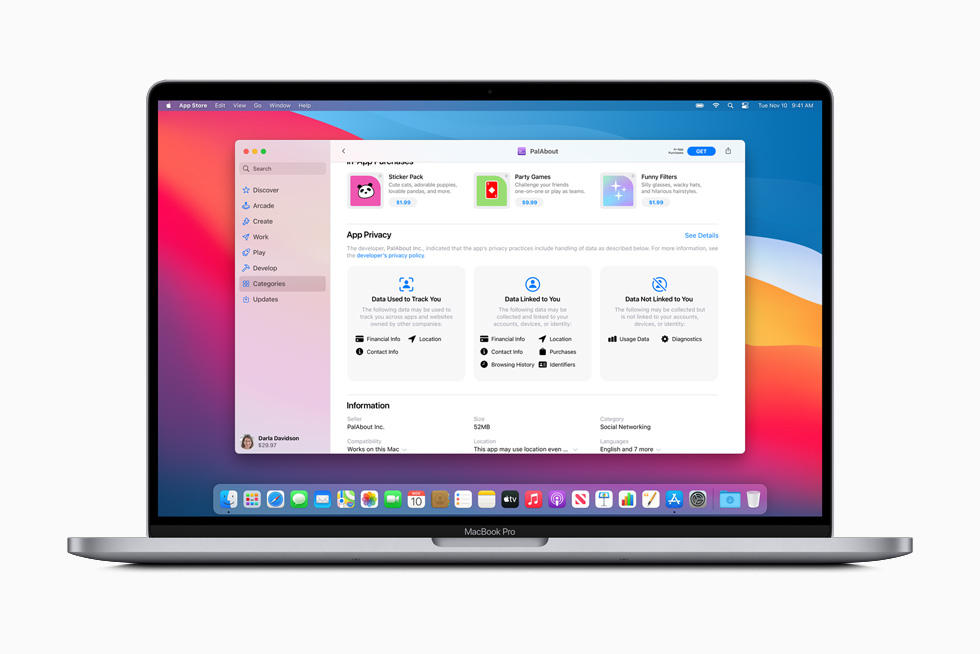 MacBook Pro’da Pal uygulamas?n?n gizlilik uygulamalar? hakk?nda bir ?zet g?steriliyor. 