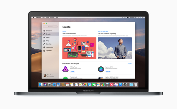 MacBook Pro masaüstünde, yeni Mac App Store’daki Yarat sayfas?.