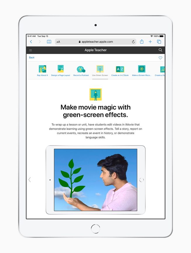 iPad’de g?rüntülenen Apple Teacher Portfolio’da ye?il ekran efektleri dersi.