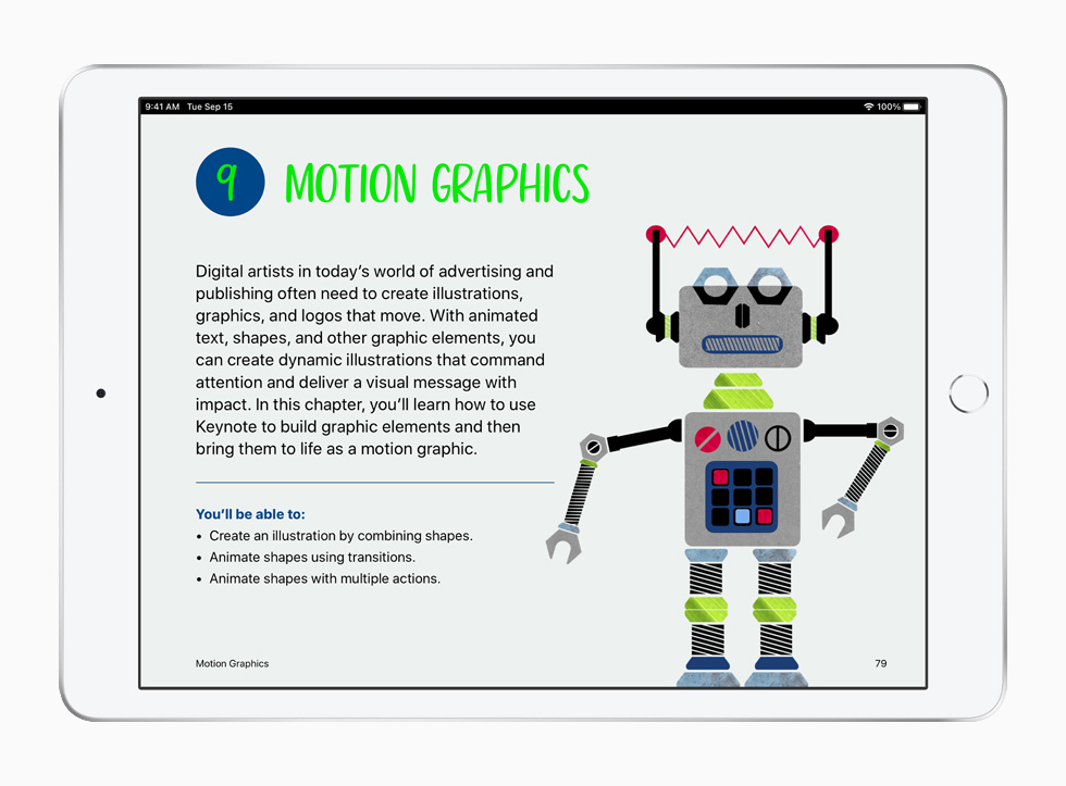 iPad’de g?rüntülenen Herkes Kreatif ??ler Yapabilir ??retim program?ndan bir hareketli grafikler dersi.