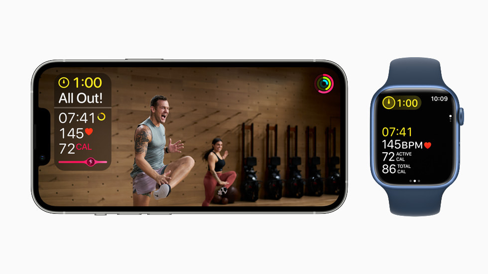 iPhone 13’te ve Apple Watch Series 7’de HIIT antrenman? i?in Yo?unluk bilgisi g?steriliyor.