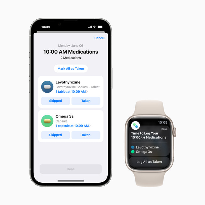 iPhone 13 Pro ekran?nda bir ila? listesi, Apple Watch Series 7 ekran?nda ise bir ila? alma zaman? uyar?s? g?steriliyor.