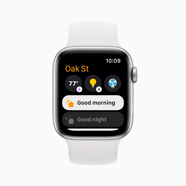 Apple Watch Series 6 ekran?nda, aralar?nda hava durumu ve oda ayd?nlatmas? da bulunan ?e?itli ortamlar ve aksesuarlar g?steriliyor.