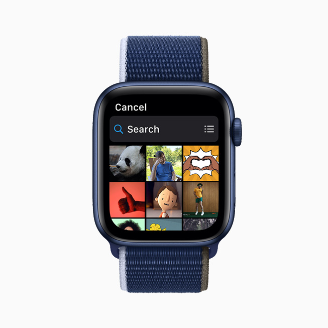 Apple Watch Series 6’da Mesajlar uygulamas?nda yap?lan bir GIF aramas?n?n sonu?lar? g?steriliyor.