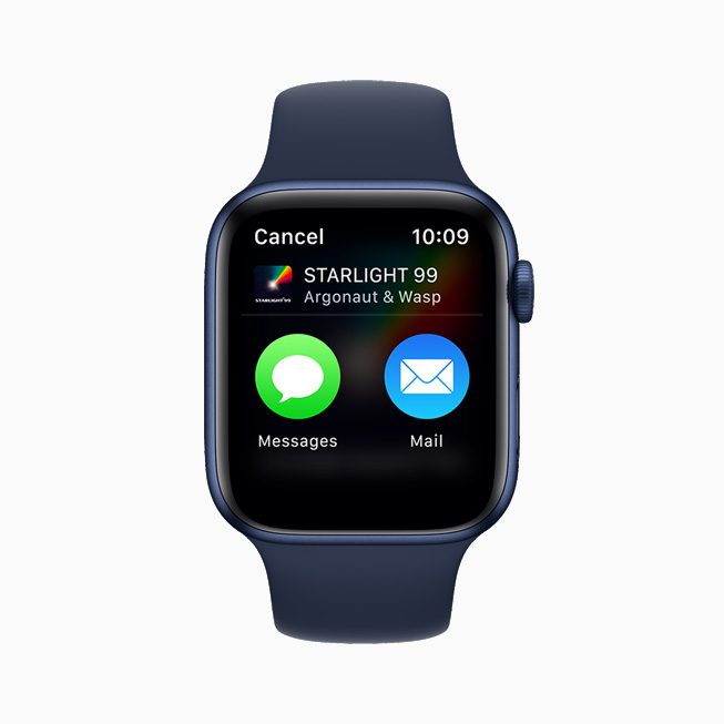 Apple Watch Series 6’da Müzik uygulamas?ndaki bir ?ark?y? Mesajlar veya Mail kullanarak payla?ma se?ene?i g?steriliyor.