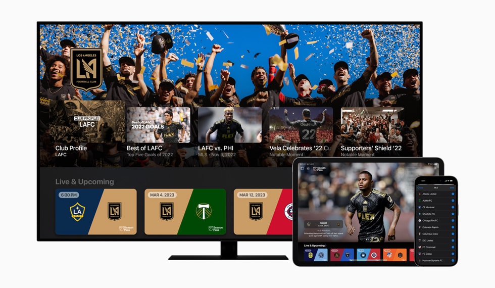 El MLS Season Pass en la app Apple TV muestra a Los Angeles FC en un smart TV, un iPad Pro y un iPhone 14 Pro.
