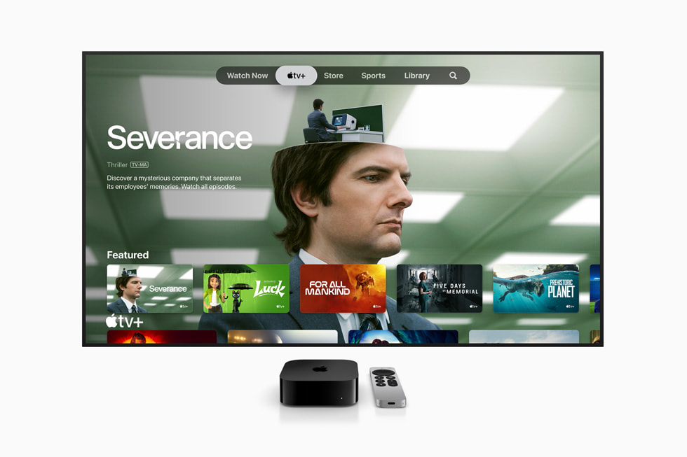Apple TV 4K’daki Apple TV+ uygulamas?n?n ana menüsünde “Severance” dizisinden bir sahne g?steriliyor.
