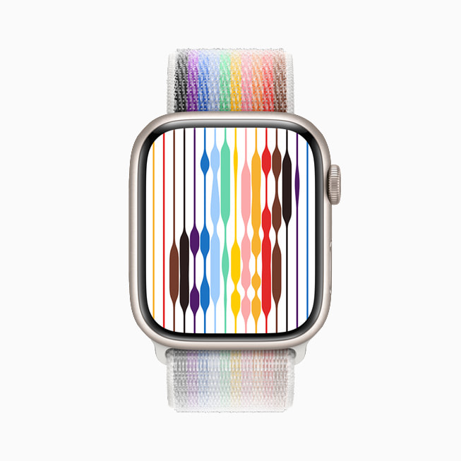 Apple Watch i?in yeni Pride Threads saat kadran?n?n yak?n plan g?rüntüsü.