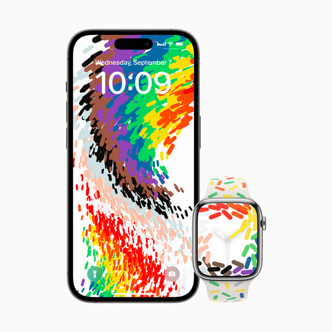 Yeni Pride Celebration iOS duvar ka??d? iPhone 14 Pro’da, Pride Edition saat kadran? ve kordon ise Apple Watch Series 8’de g?steriliyor. 