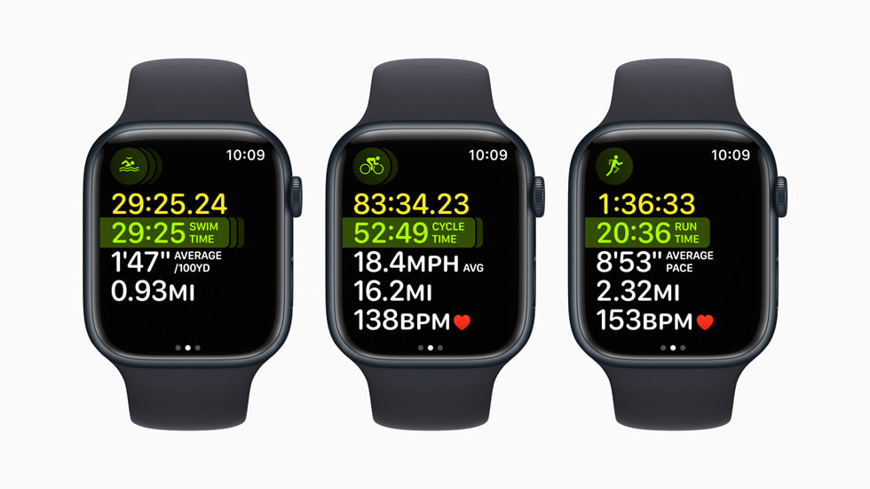 ü? adet Apple Watch Series 8 ayg?t?nda ?oklu Spor antrenman?nda yüzme, bisiklet ve ko?u dahil farkl? anlar g?steriliyor.
