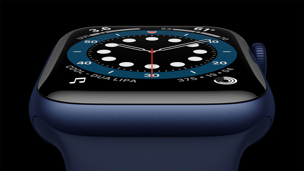 Primer plano de la caja de aluminio azul del Apple Watch Series 6.