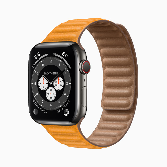 Apple Watch Series 6 con caja de acero inoxidable color grafito.