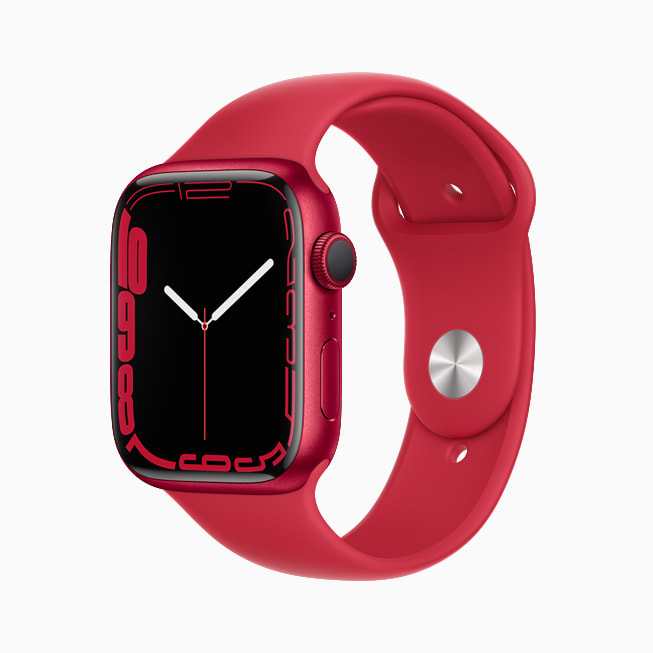 Contour saat kadran? PRODUCT(RED) alüminyum kasa Apple Watch Series 7’de g?steriliyor.
