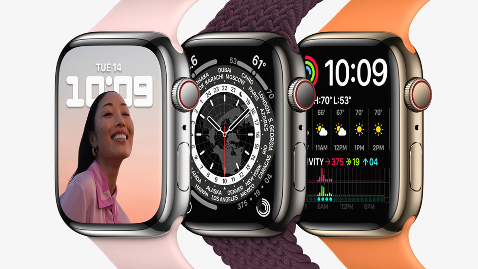 ü? Apple?Watch?Series?7’nin ?nünü, sa? ve sol yan?n? g?steren a??l? bir g?rünümü.