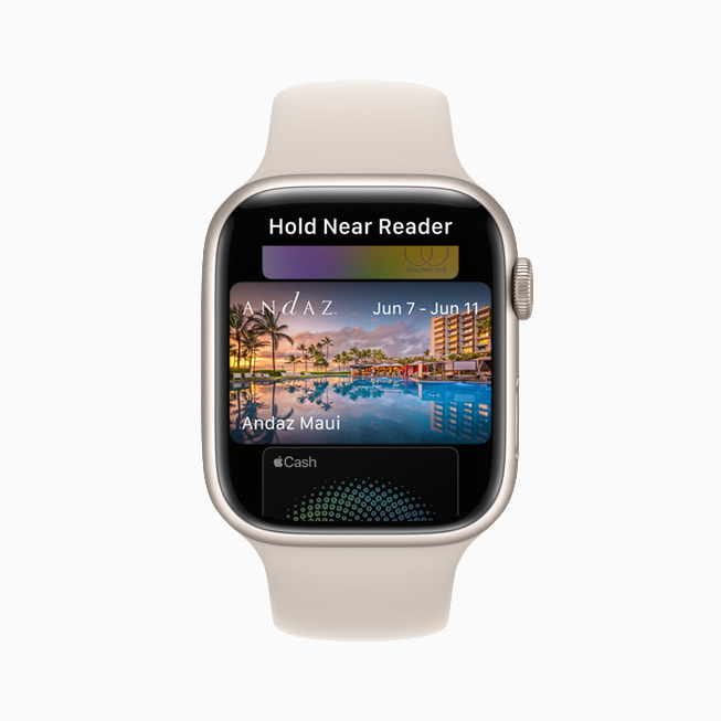 A hotel key card is shown on Apple Watch Series 7 inside Wallet.