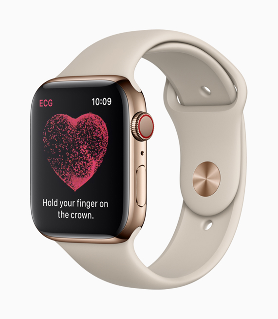 Apple Watch Series 4 ekran?nda kullan?c?ya Digital Crown’u kullanarak nas?l EKG ?ekece?i g?steriliyor.  