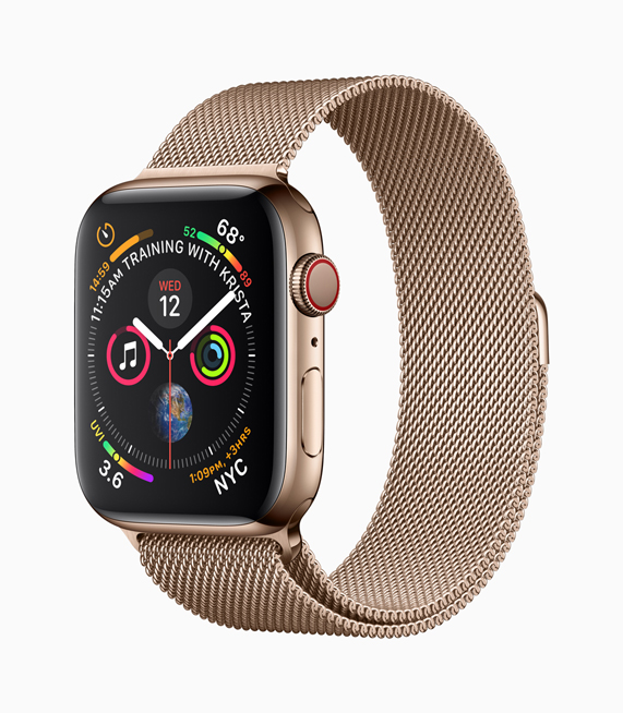 Yeni alt?n renkli paslanmaz ?elik Apple Watch Series 4 ve uyumlu Milano kay???n profil g?rünümü. 