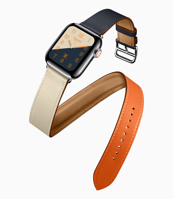 Blok renkli saat kadran?na ve kay???na sahip yeni Apple Watch Hermès’in profil g?rünümü. 