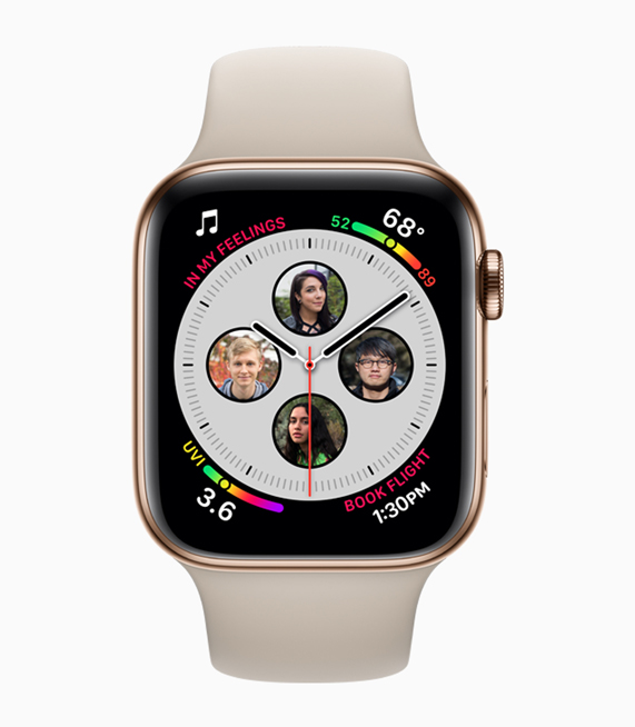 Apple Watch Series 4’te, ki?iler dahil, geli?tirilen komplikasyonlar?n bir foto?raf?. 