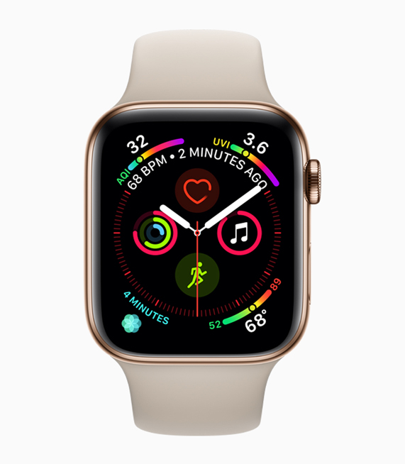 Daha büyük simgeleri, dü?meleri ve yaz? tipleriyle Apple Watch Series 4 ekran?.