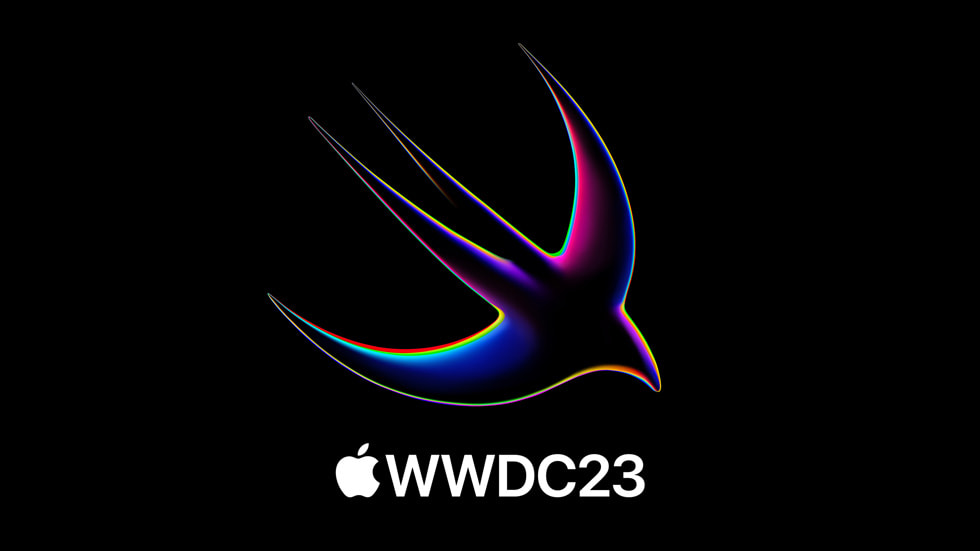 O logotipo do Swift aparece em frente a um plano de fundo preto com WWDC23 embaixo.