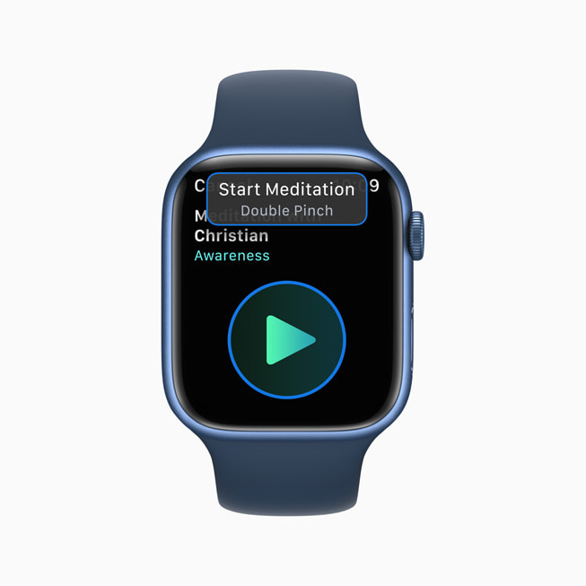 Bir Apple Watch ekran?nda kullan?c?lar?n meditasyon seans? ba?latmak i?in kullanabilece?i iki kez k?st?rma hareketi g?steriliyor.