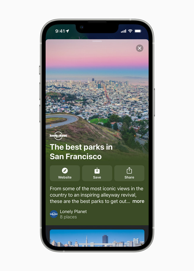 iPhone’daki Harita uygulamas?nda San Francisco’nun en güzel yerlerini ?ne ??karan Lonely Planet rehberi g?steriliyor.