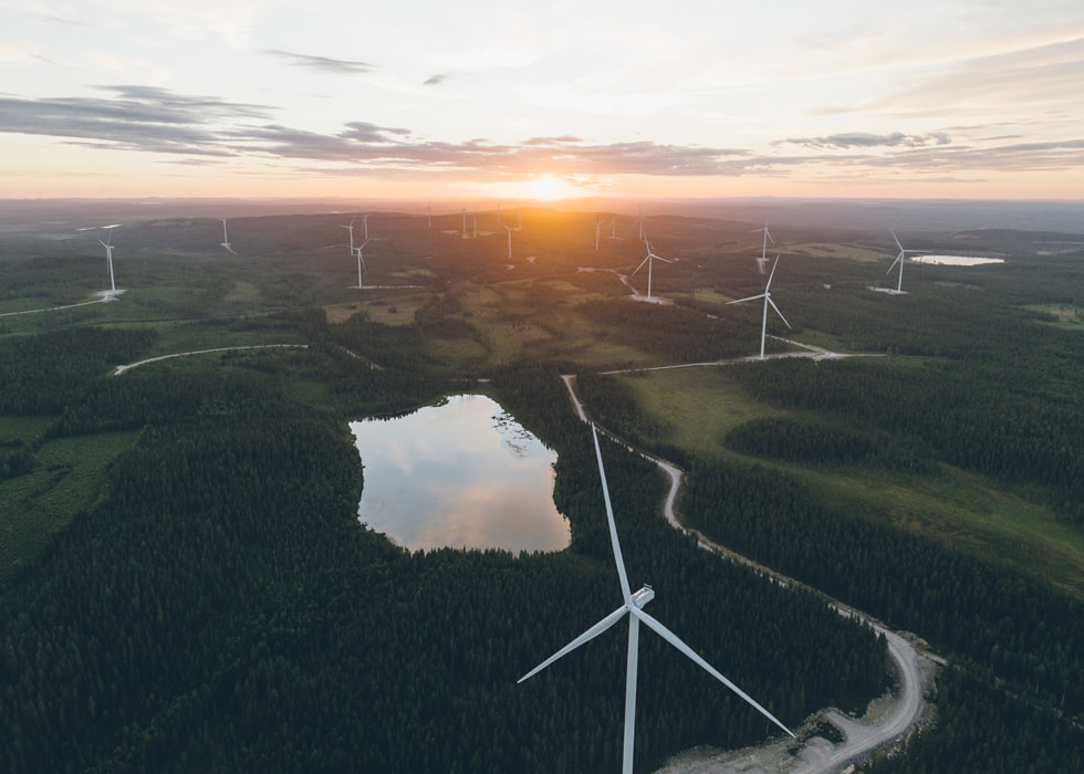Dozens of windmills are shown in a forested setting at Holmen Iggesund’s Bl?bergsliden wind farm in Skellefte?, Sweden.